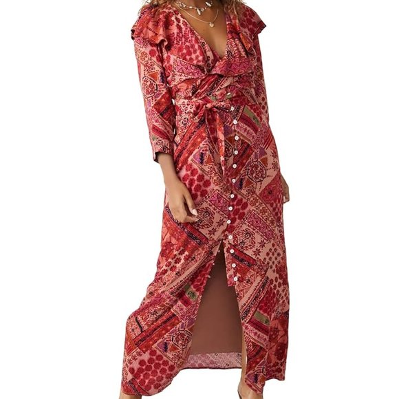 Free People Lennon Dress Boho Style Maxi Floral Print Coral Red NWT NEW Size XS - Picture 11 of 11